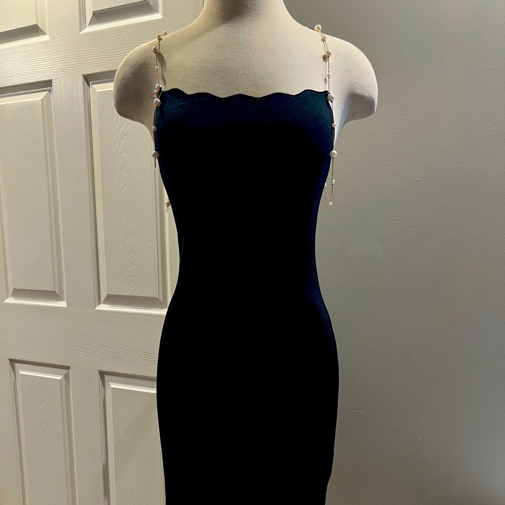 Commense Black Midi Dress with pearl straps